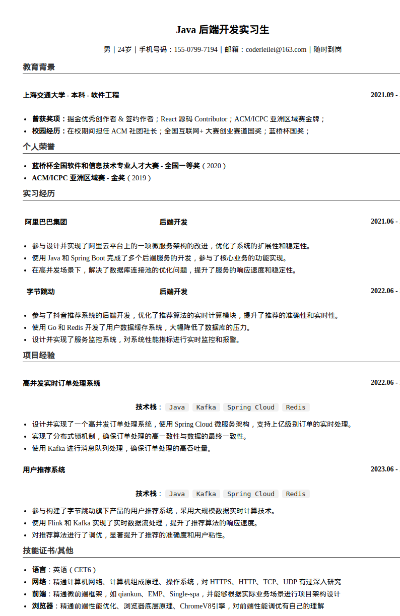 Java开发工程师简历模板预览