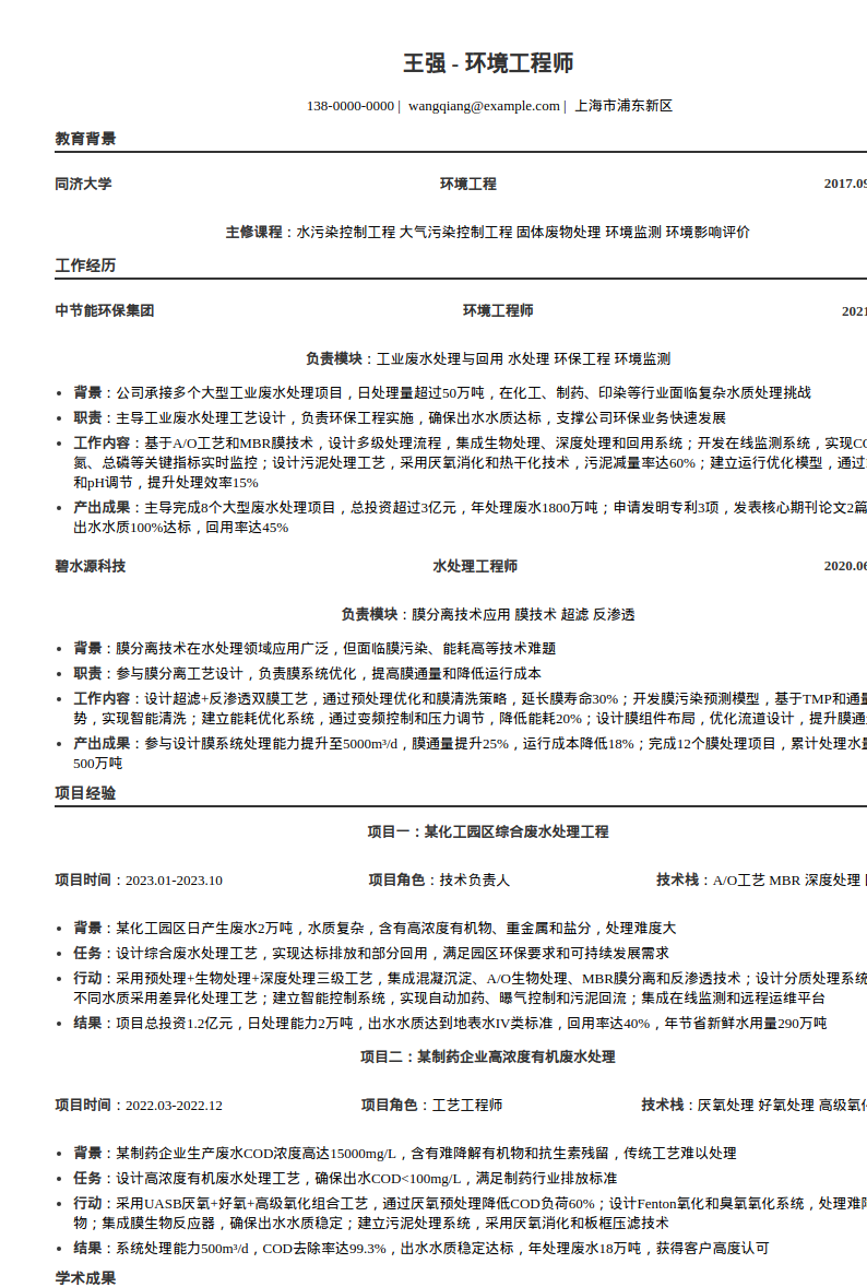 环境工程师简历模板预览图