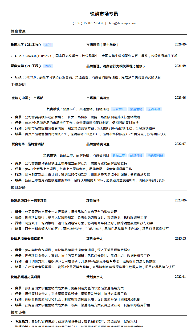 快消市场专员简历模板预览图