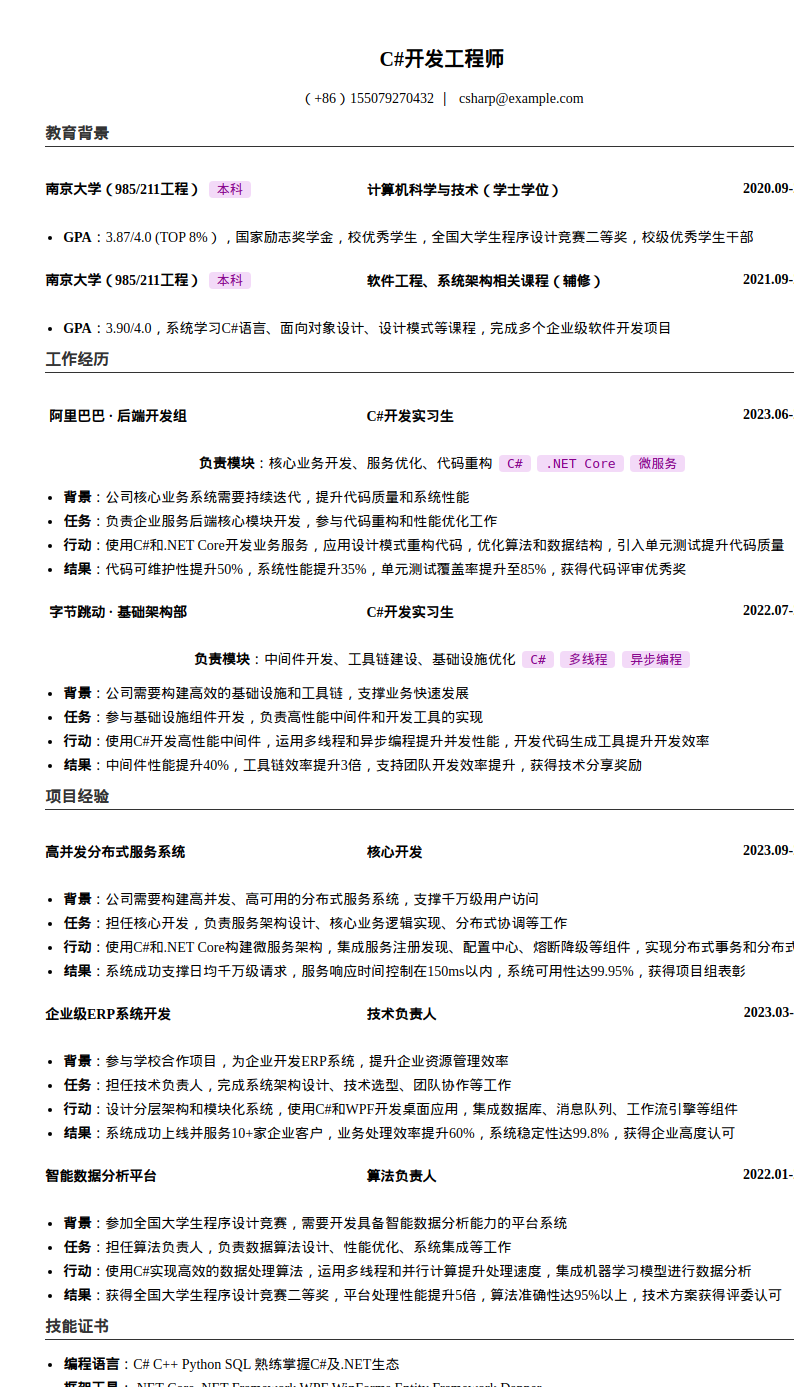 C#开发工程师简历模板预览图